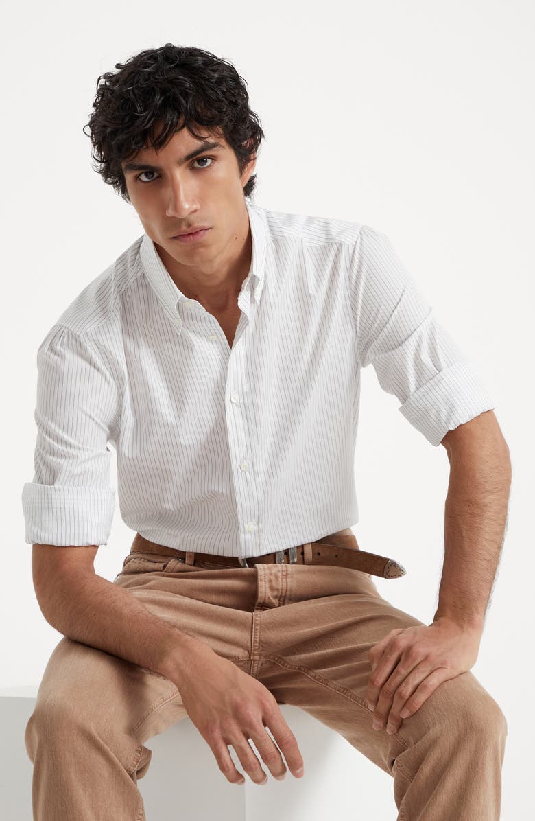Brunello Cucinelli Pinstripe slim fit shirt with button-down collar, Alternate, color,
