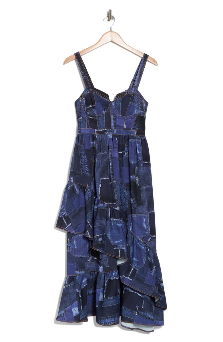 Cinq à Sept Jordyn Patchwork Denim Ruffle Midi Dress, Alternate, color,