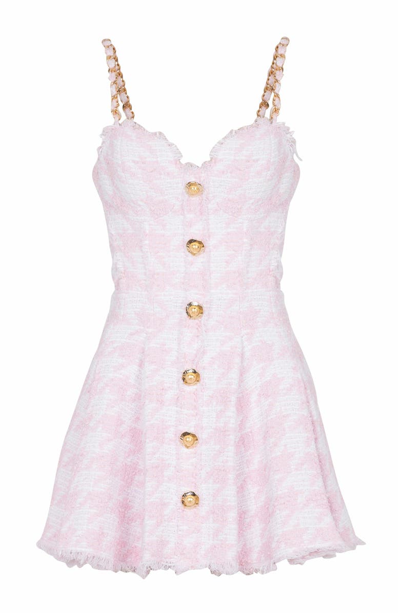 Balmain Strappy Houndstooth Tweed A-Line Dress, Alternate, color, Pink