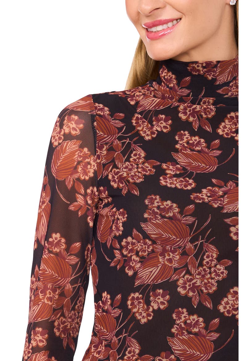 Floral Mesh Turtleneck, Alternate, color, LEATHER BROWN