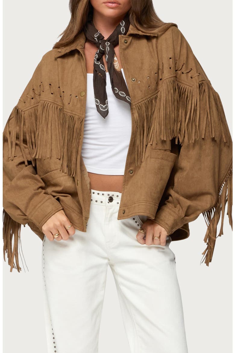 Evonka Fringe Faux Suede Jacket, Main, color, BROWN