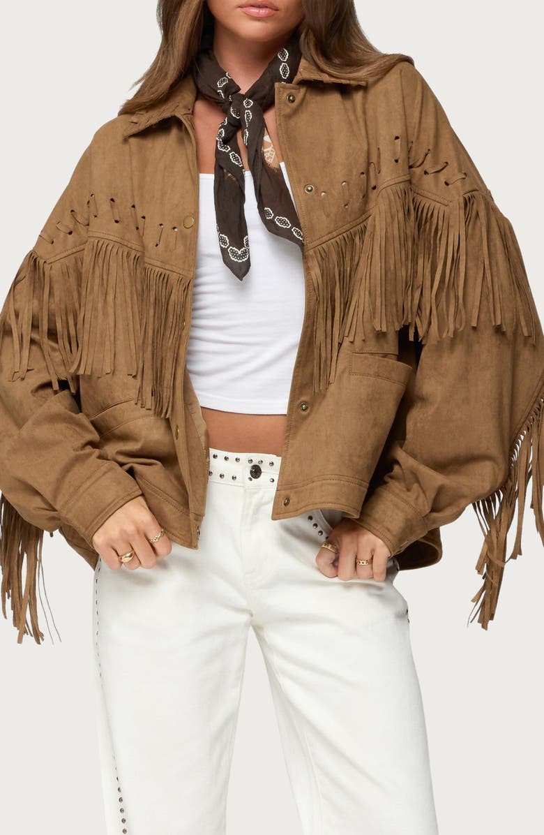 EDIKTED Evonka Fringe Faux Suede Jacket, Main, color,