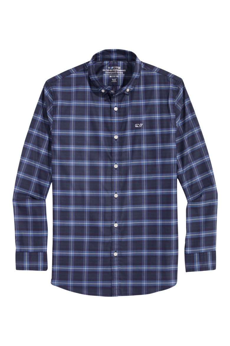 Kids' Plaid Cotton Blend Performance Button-Down Shirt, Main, color, MOONSHINE PLAID