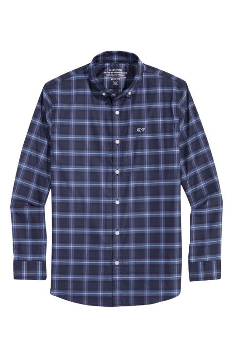 Kids' Plaid Cotton Blend Performance Button-Down Shirt (Big Kid)