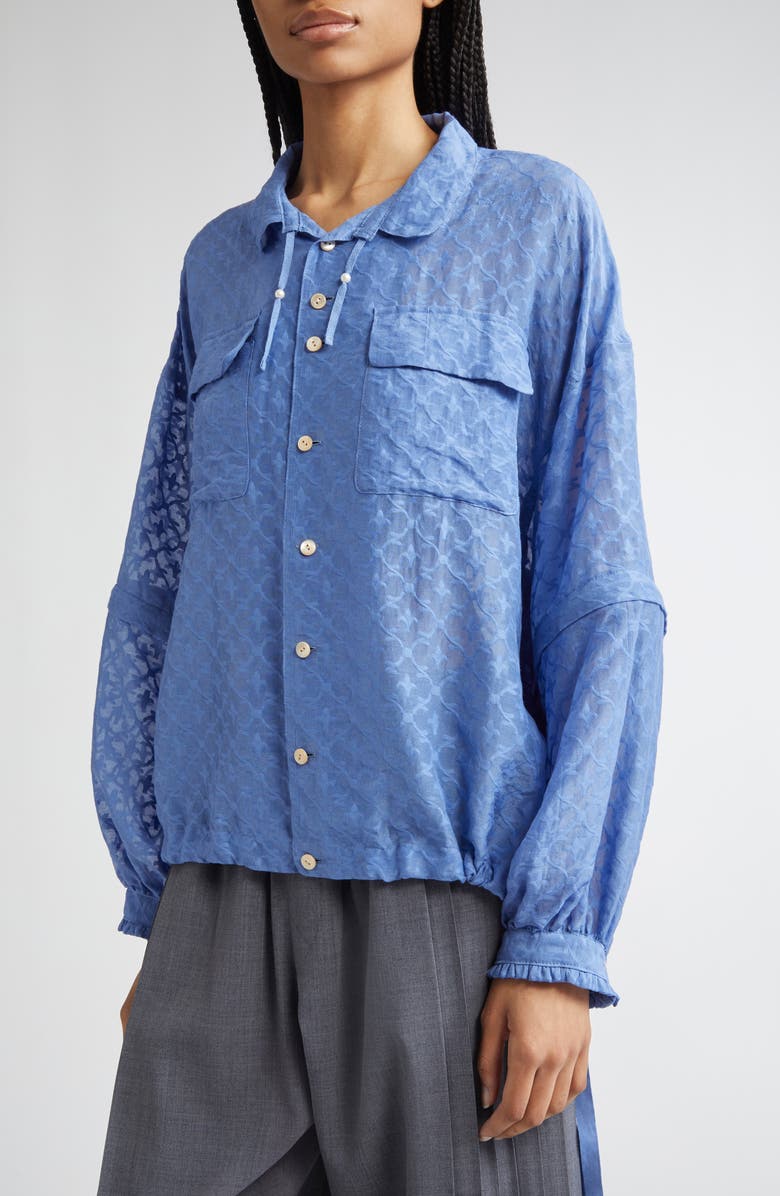Undercover Fleur-de-Lis Jacquard Cotton & Silk Zip Off Sleeve Button-Up Shirt, Alternate, color,