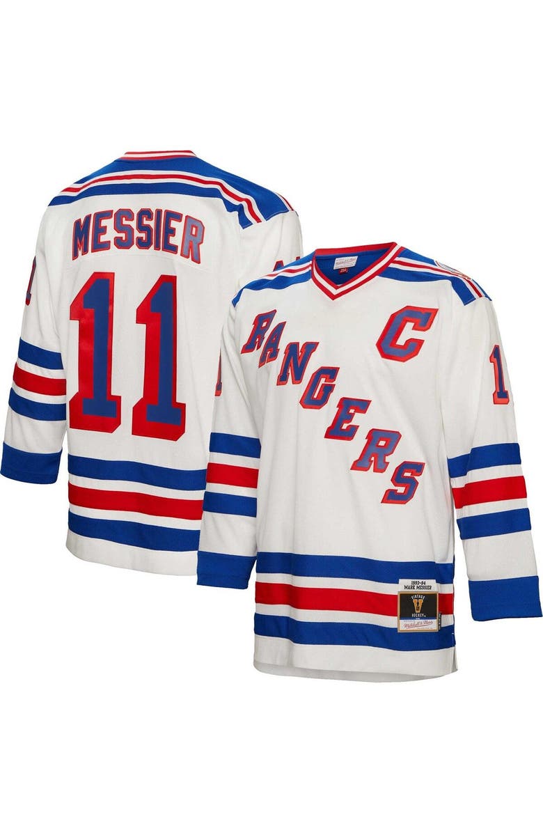 Mitchell & Ness Men's Mitchell & Ness Mark Messier White New York Rangers Captain Patch 1993/94 Blue Line Player Jersey, Main, color, 