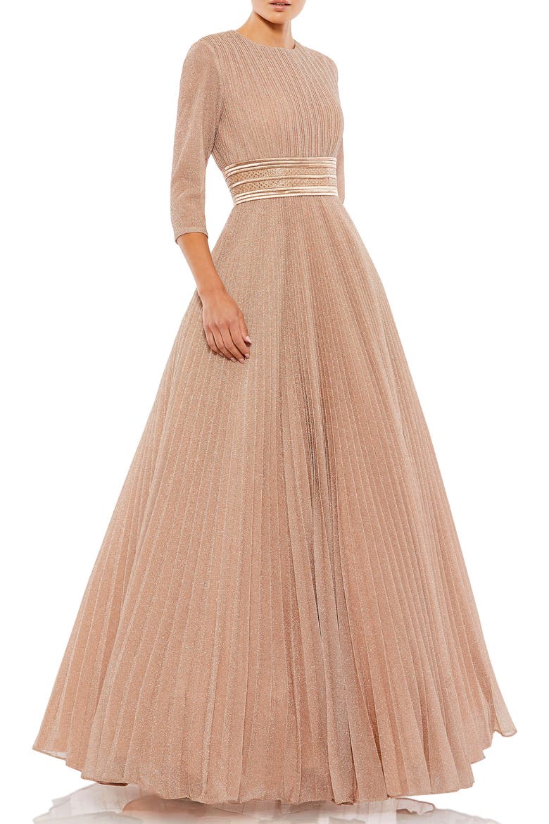 Shimmering Pleated A-Line 3/4 Sleeve Gown, Main, color, Rose Gold