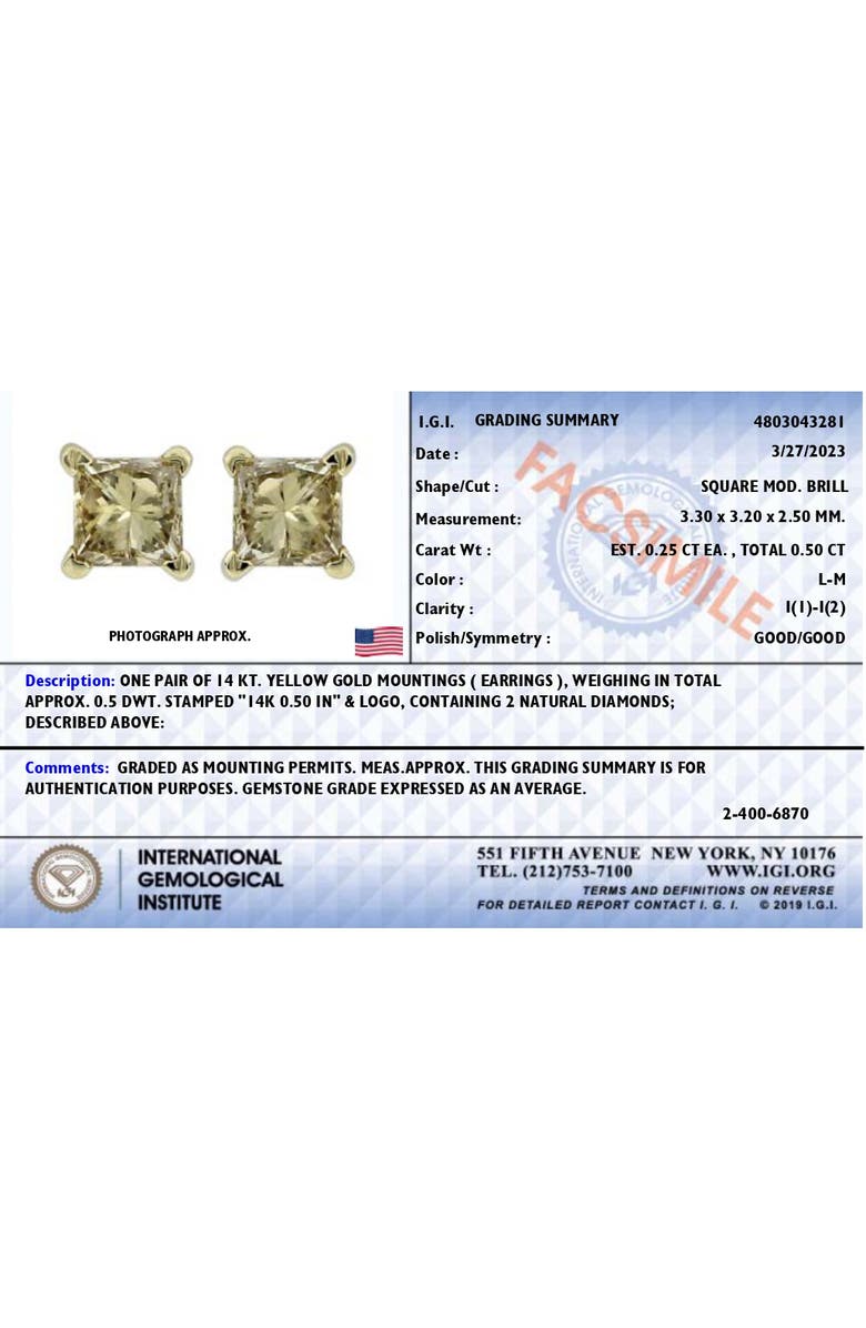 Haus of Brilliance IGI Certified 14k Yellow Gold 1/2 Cttw Princess Solitaire Diamond Stud Earrings, Alternate, color, Yellow