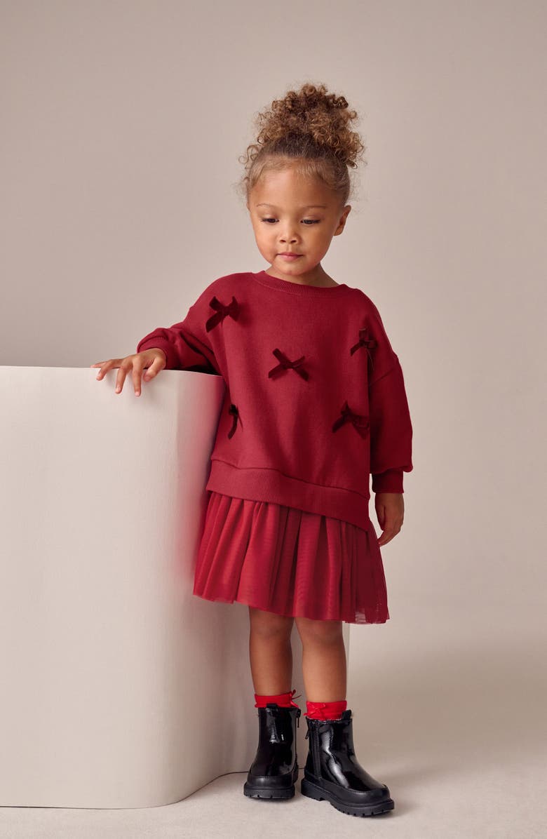 NEXT Kids' Velvet Bow Long Sleeve Sweatshirt Party Dress, Alternate, color, Red