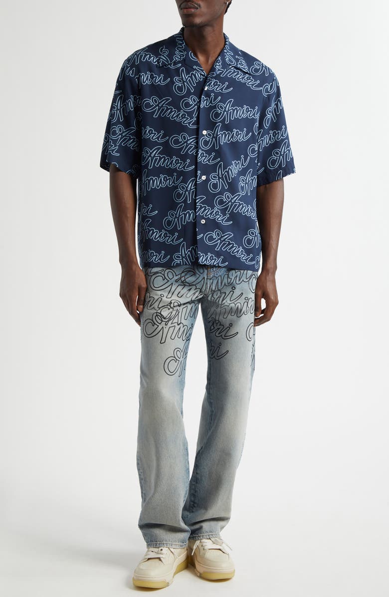 AMIRI Script Bowling Shirt, Alternate, color, Midnight Blue