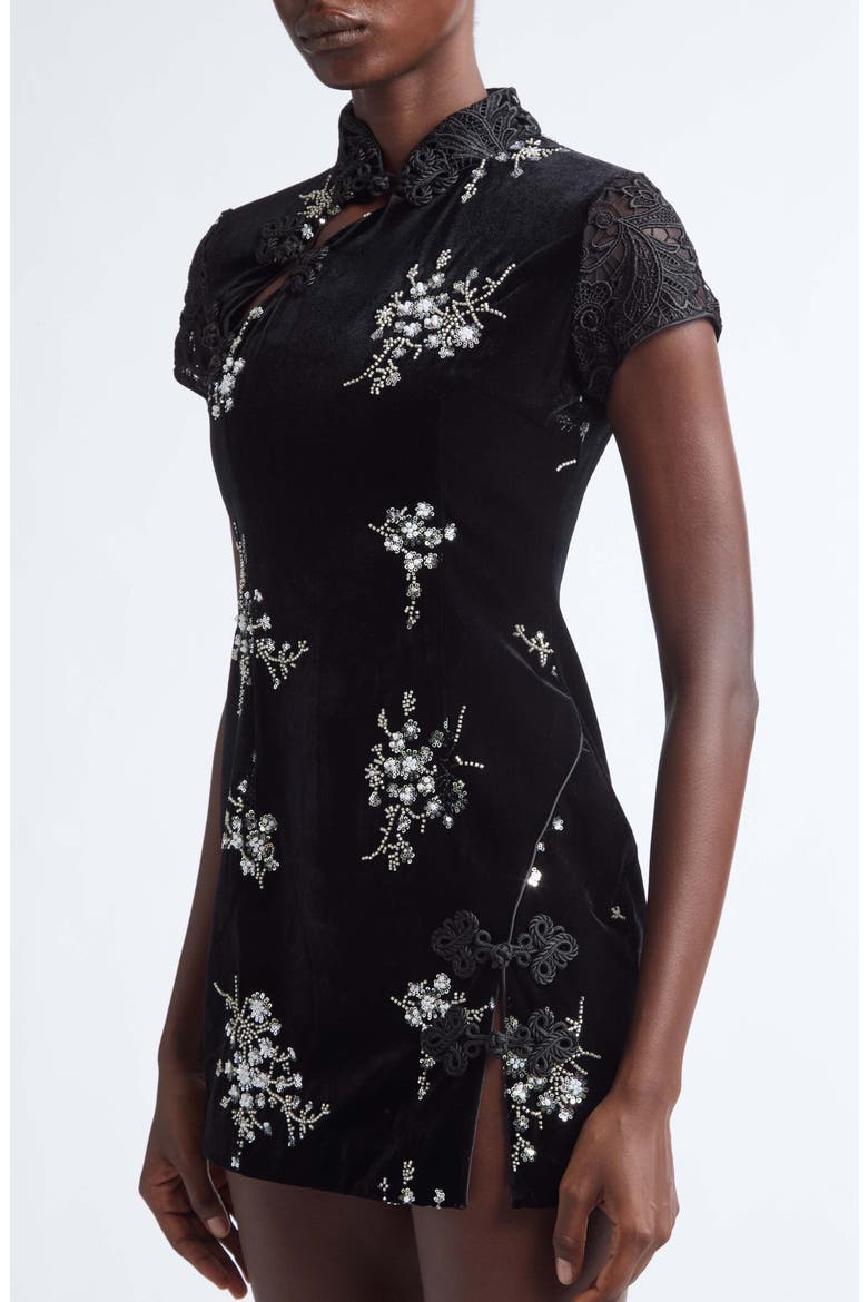 Haylee Beaded Lace Trim Velvet Qipao Minidress, Alternate, color, BLACK