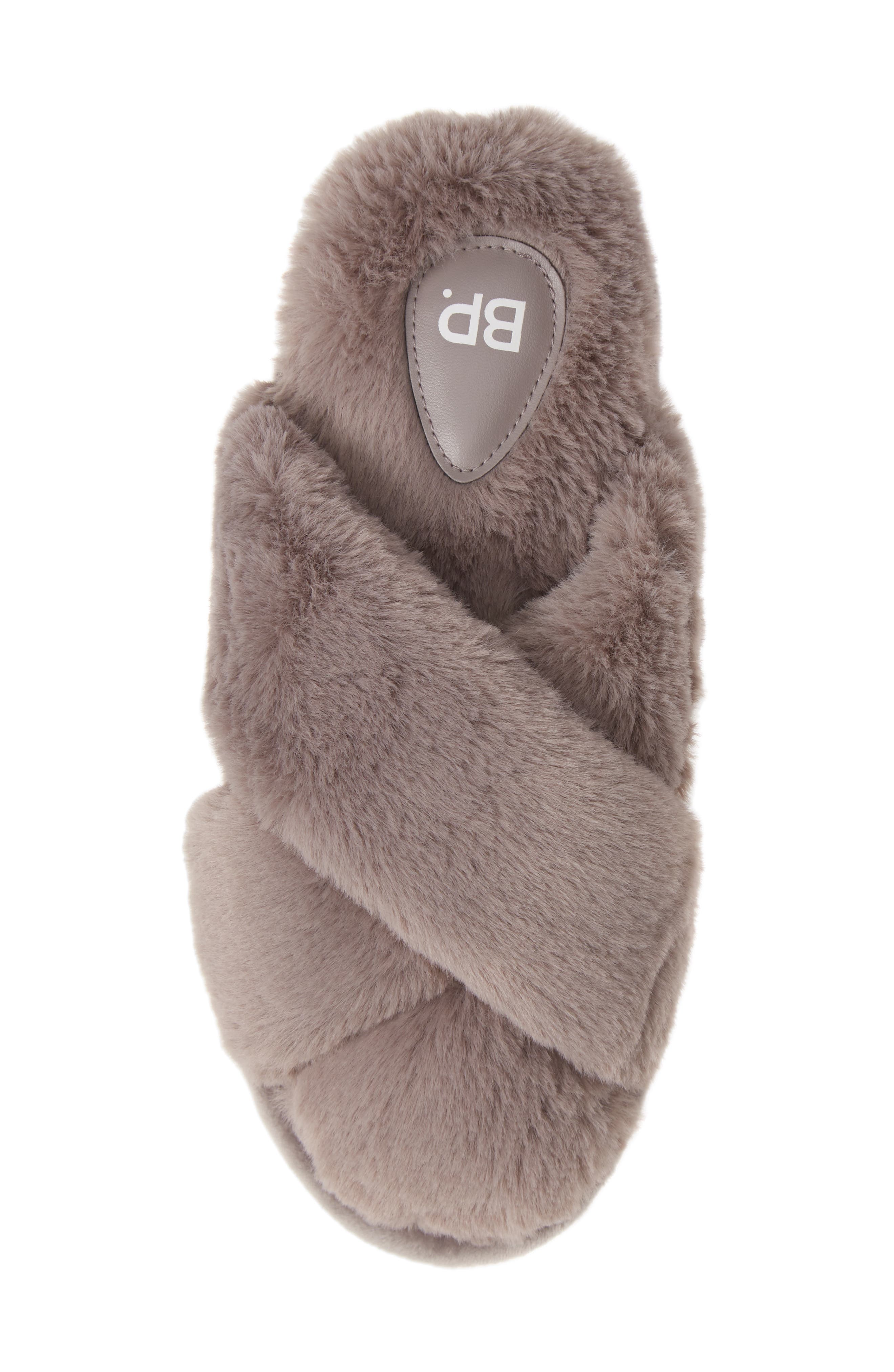 Sophie Criss Cross Plush Bedroom Slipper, Alternate, color, GREY FAUX FUR