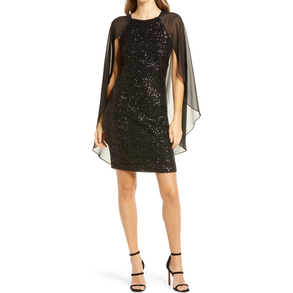 Vince Camuto Sequin Long Cape Sleeve Sheath Cocktail Dress In Black