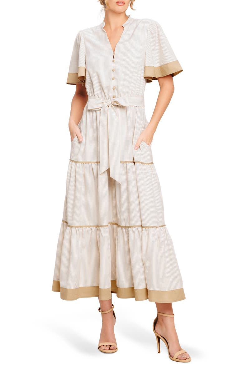 FLYING TOMATO Stripe Short Sleeve Midi Shirtdress, Main, color, Taupe White Stripe