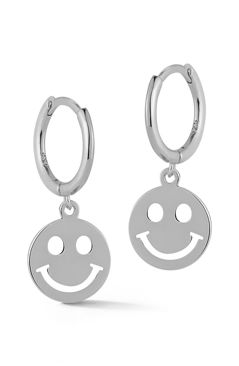 GLAZE JEWELRY Sterling Silver Smile Face Huggie Hoop Earrings, Main, color, Silver