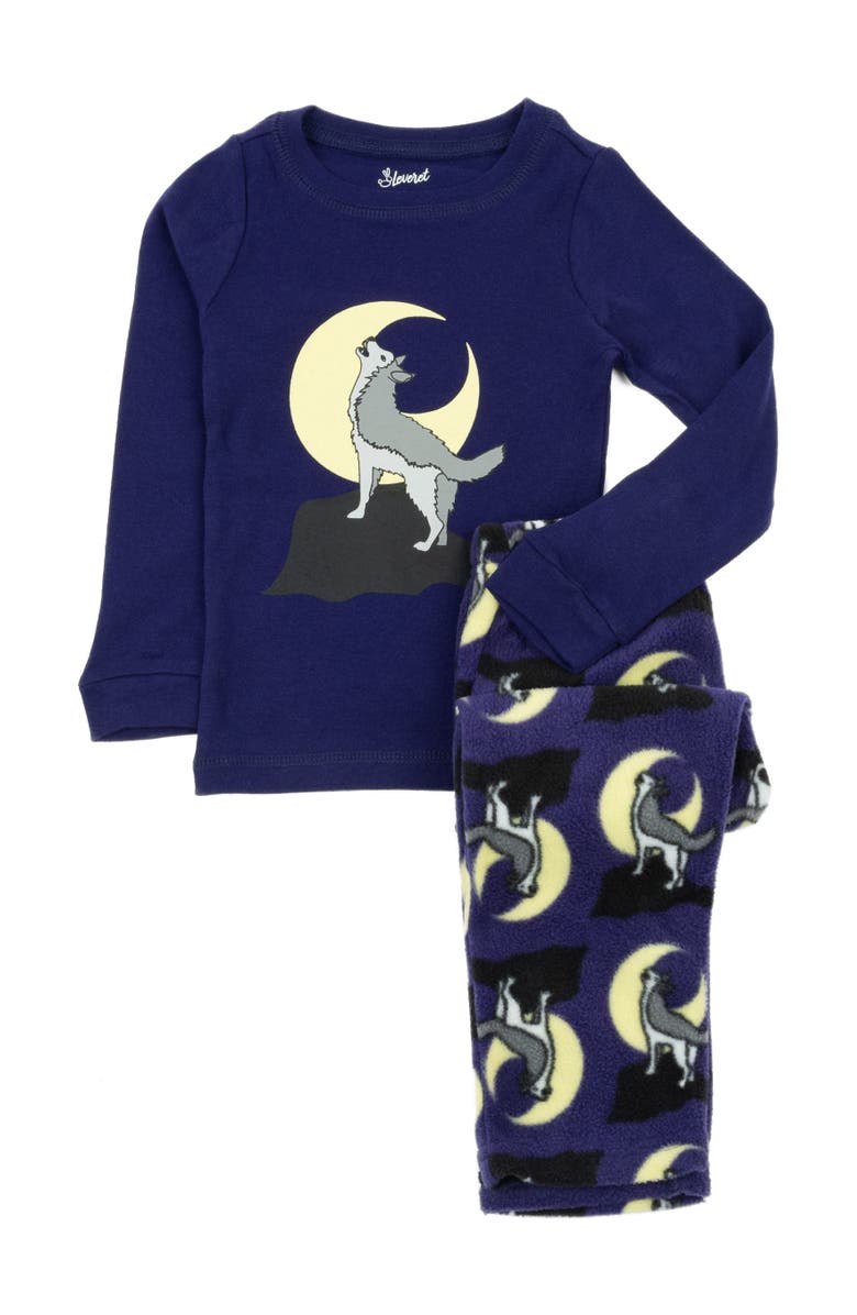 Leveret Kids Cotton Top & Fleece Pants Printed Matching Family Holiday Pajamas, Main, color, Wolf