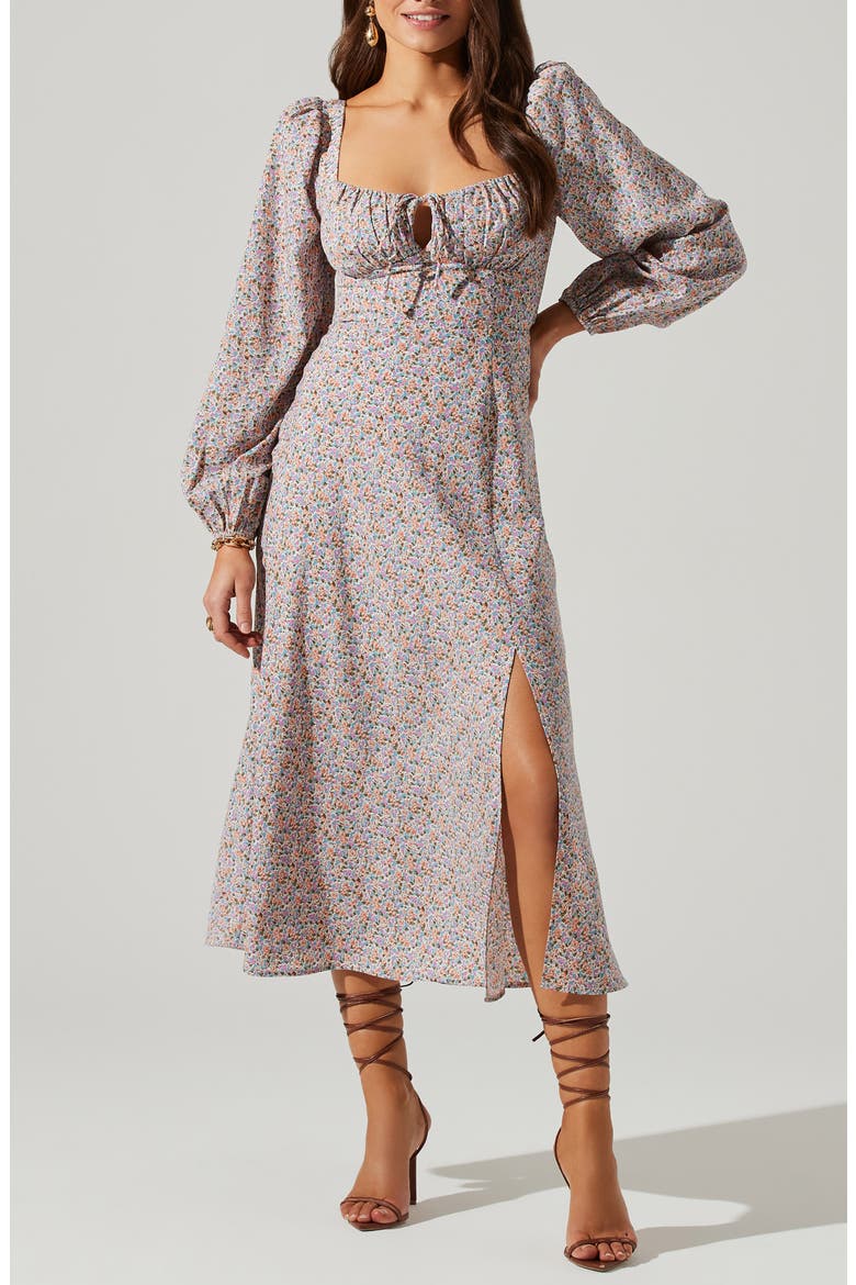 Floral Print Long Sleeve Back Cutout Midi Dress, Alternate, color, BLUE ORANGE DITSY