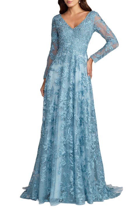 Embellished Illusion Long Sleeve V Neck Gown