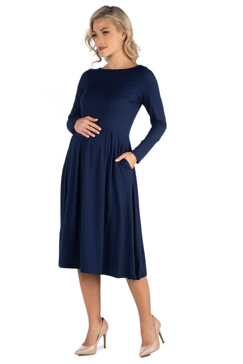 24seven Comfort Apparel Maternity Midi Length Fit And Flare Pocket Dress In Blue