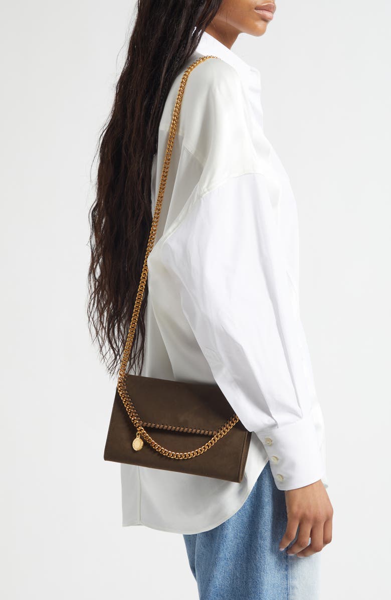 Stella McCartney Falabella Faux Suede Wallet on a Chain, Alternate, color, Moka