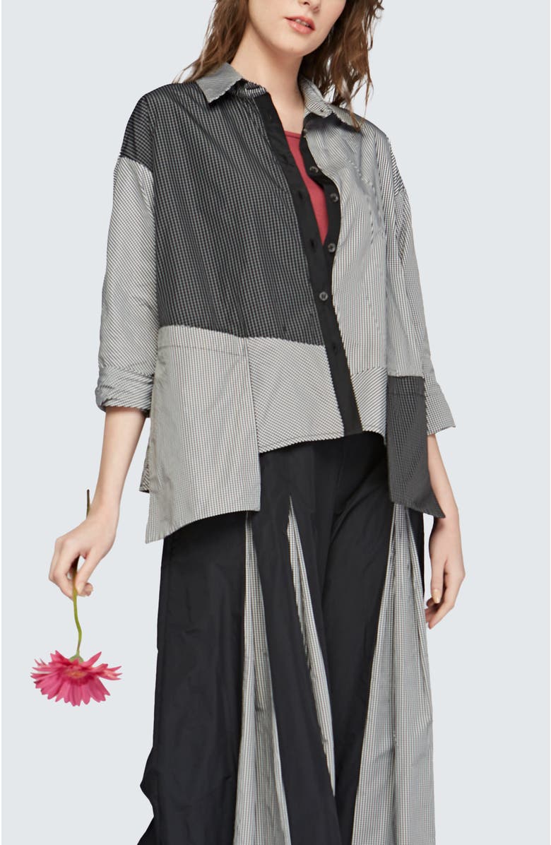 LUUKAA Cleo Checkered Memory Taffeta Shirt, Main, color, Black