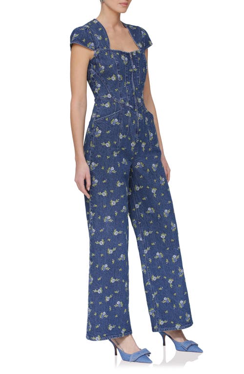 Avec Les Filles Floral Cap Sleeve Corset Wide Leg Denim Jumpsuit