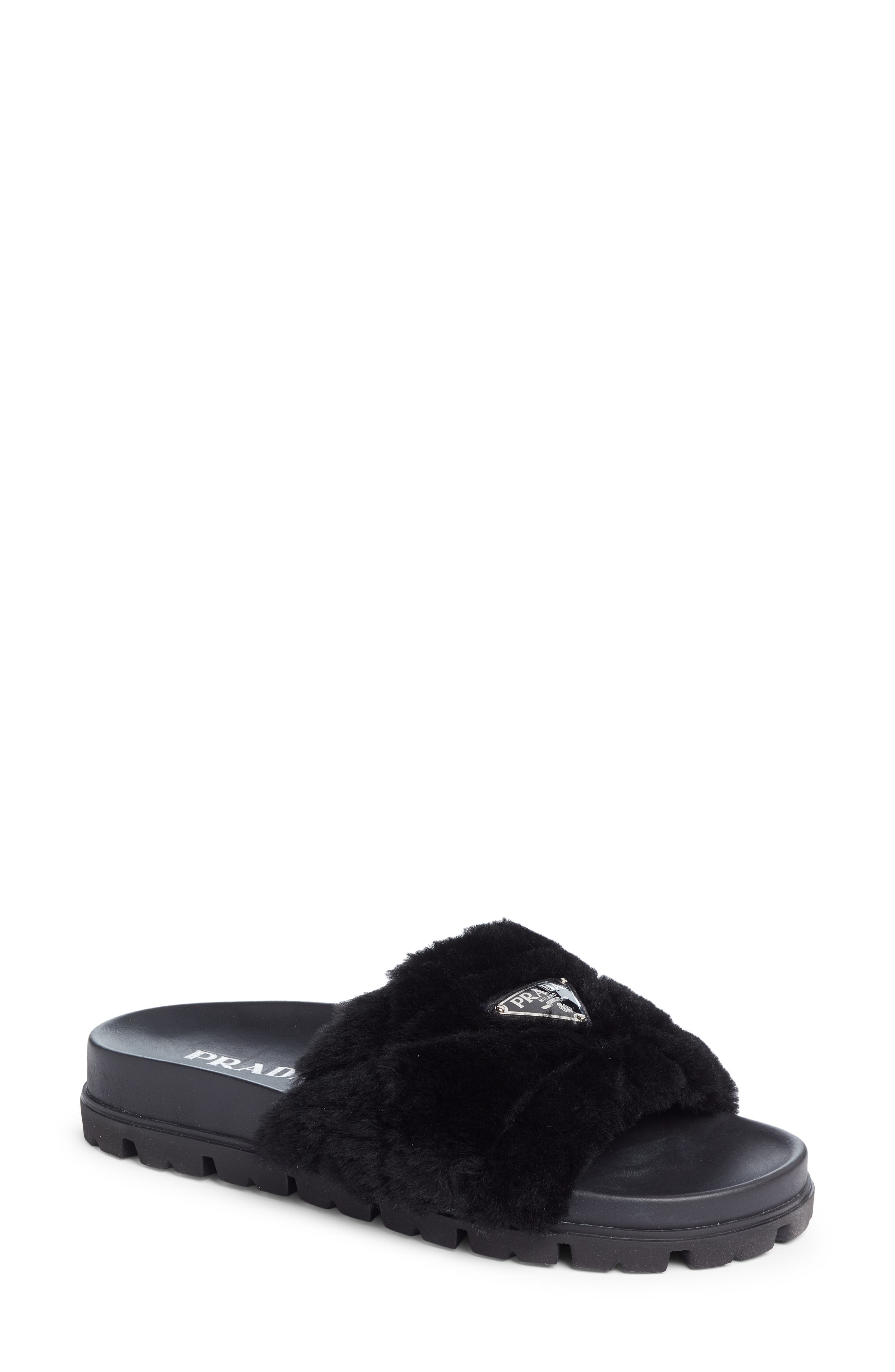 Prada Logo Genuine Shearling Slide Sandal, Main, color, 