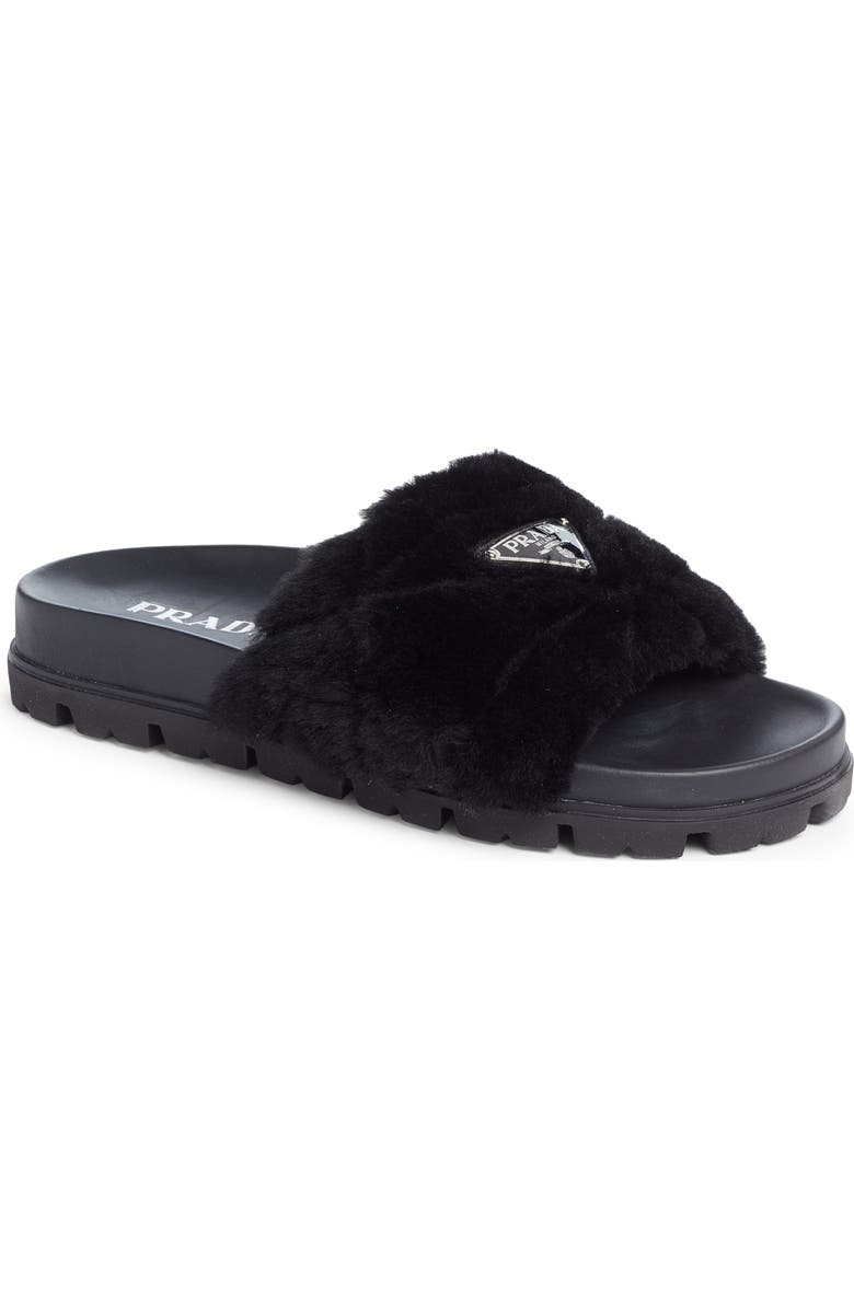 Prada Logo Genuine Shearling Slide Sandal, Main, color,