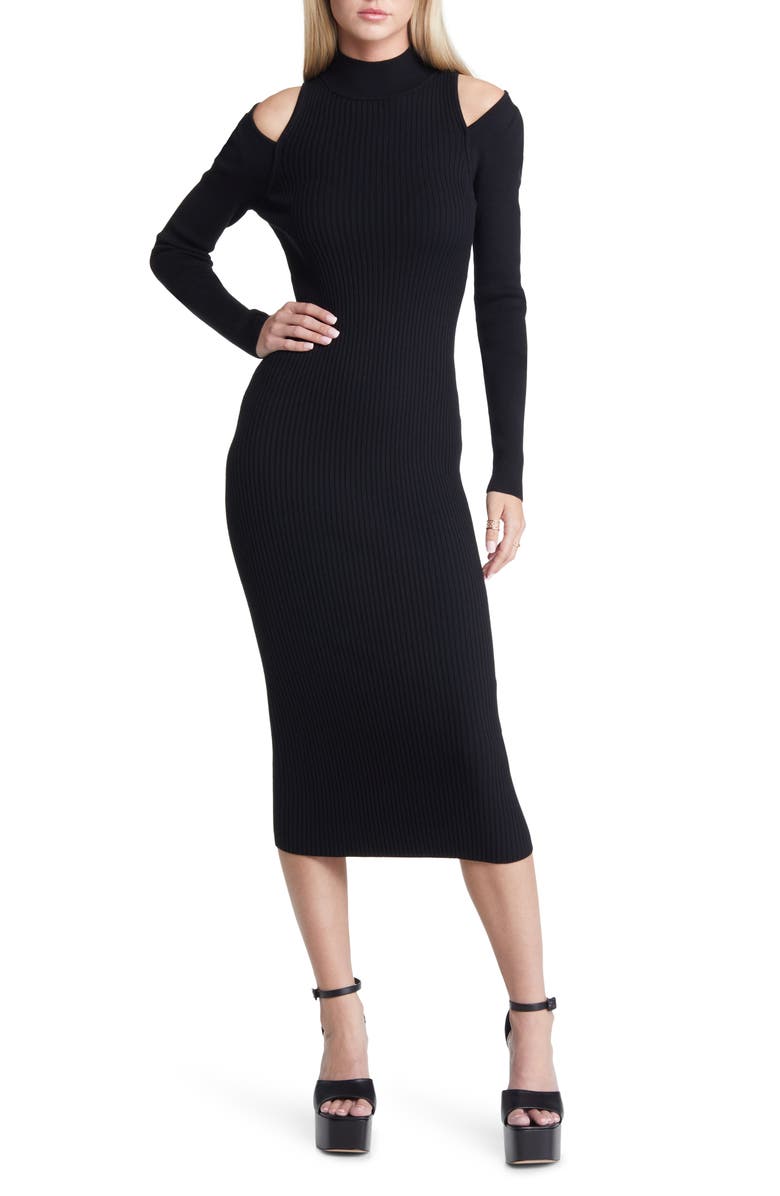Open Edit Mock Neck Cold Shoulder Long Sleeve Sweater Dress, Main, color,