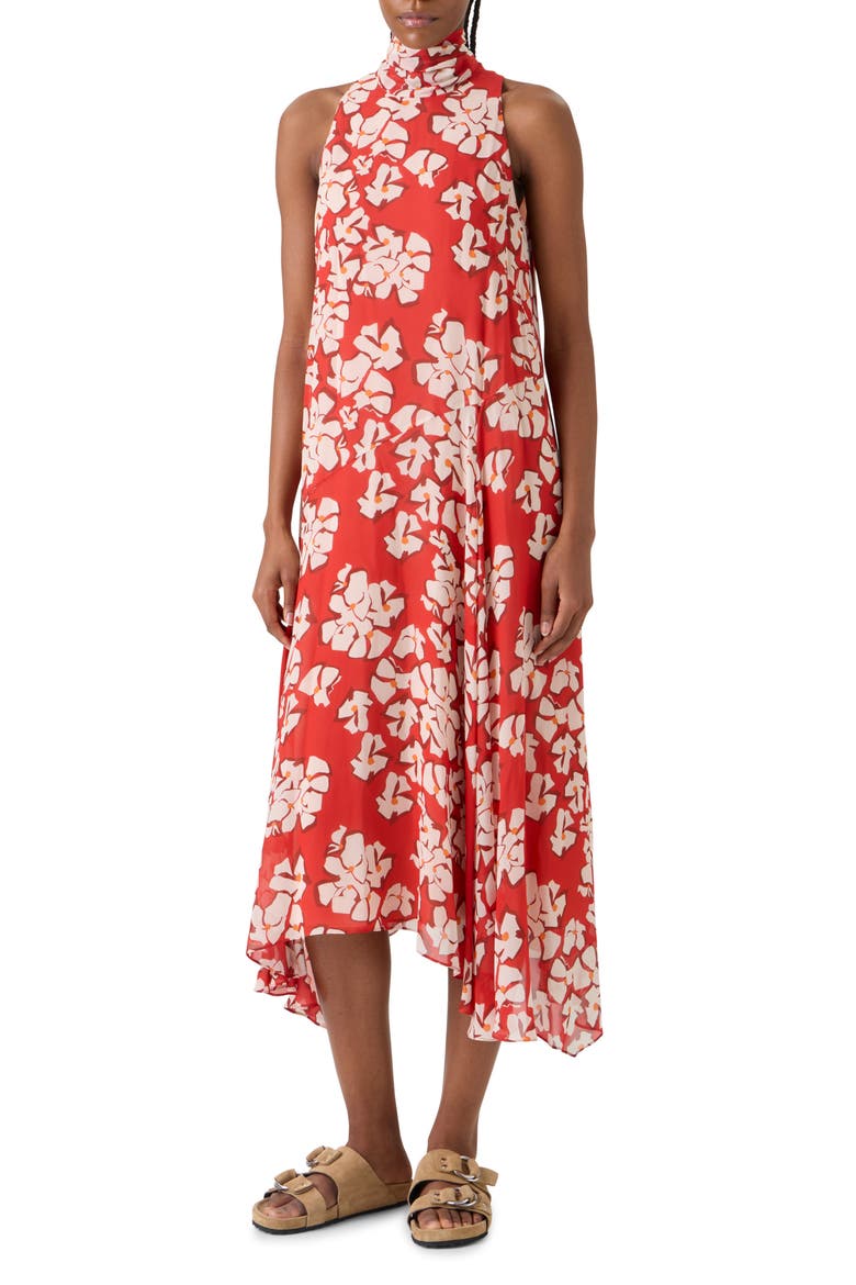 Papercut Floral Mock Neck High-Low Georgette Dress, Main, color, RED-CREAM