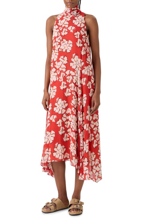 Papercut Floral Mock Neck High-Low Georgette Dress