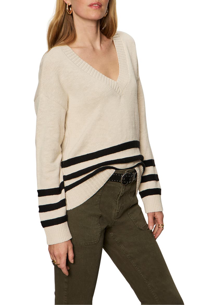 Stripe Hem V-Neck Cotton Sweater, Alternate, color, LIGHT OAT BEIGE/ BLACK
