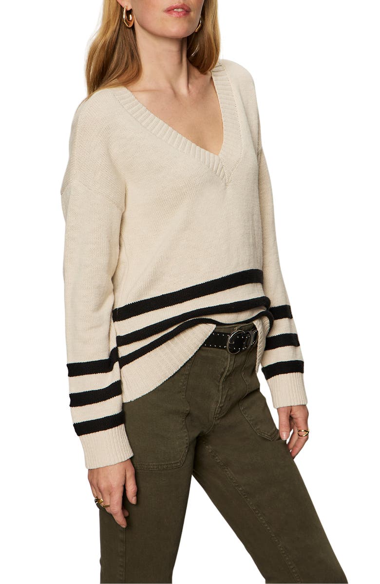 Sanctuary Stripe Hem V-Neck Cotton Sweater, Alternate, color, Light Oat Beige/ Black