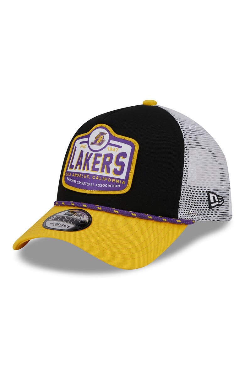 New Era Men's New Era Black/Gold Los Angeles Lakers  A-Frame 9FORTY Trucker Hat, Main, color, 