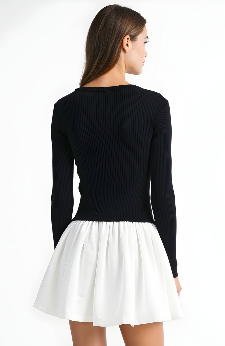 Modenaire Knit and Woven Fit-and-Flare Mini Dress with Ribbed Long Sleeve Top, Alternate, color, Black / White