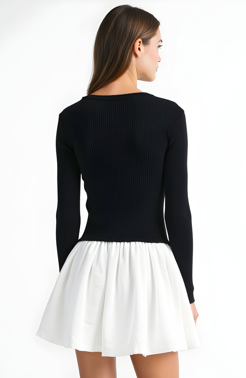 Modenaire Knit And Woven Fit-and-flare Mini Dress With Ribbed Long Sleeve Top In Multi