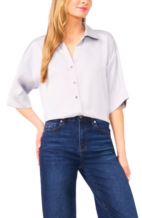 Three-Quarter Sleeve Satin Button-Up Shirt