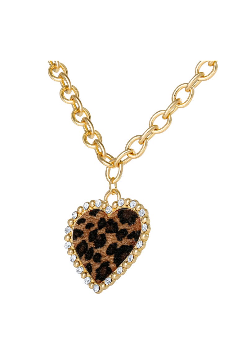 Chunky Heart Necklace for Women with Cheetah Print and Pave Crystals, 18"+2" Heart Pendant Necklace, Main, color, Gold-Tone