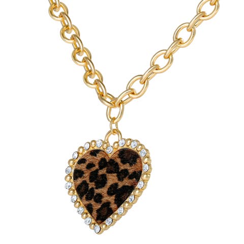 Chunky Heart Necklace for Women with Cheetah Print and Pave Crystals, 18"+2" Heart Pendant Necklace
