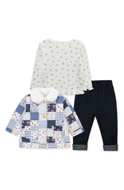 Little Me Blueberry Print Top, Denim Pants & Patchwork Jacket Set 