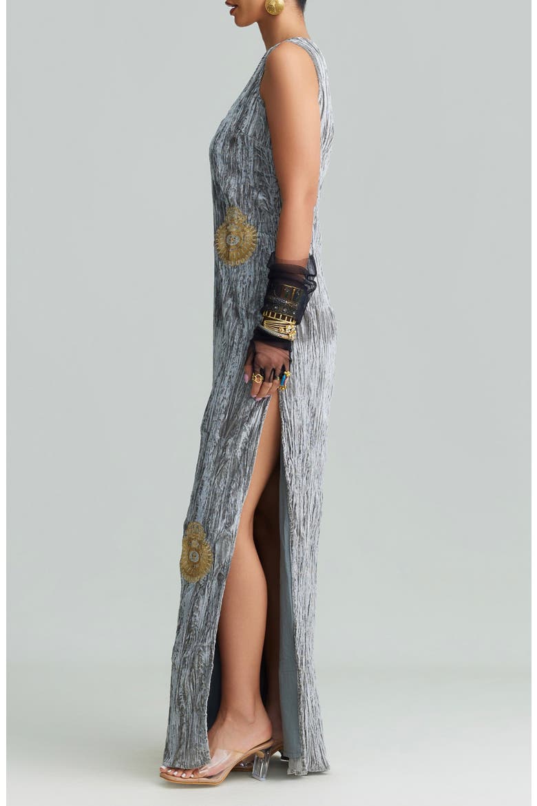 Syra Metallic Embroidery Crushed Velvet Maxi Dress, Alternate, color, GRAY