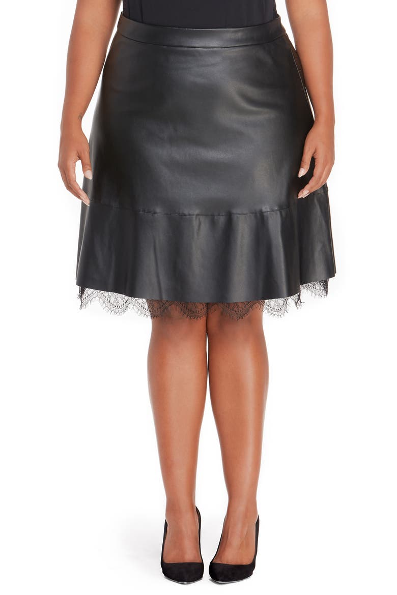 Faux Leather Pleated Skirt with Lace, Main, color, BLACK