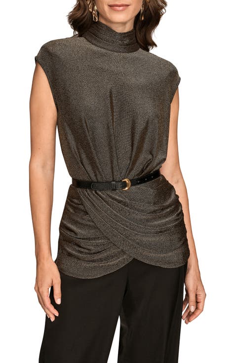 Ruched Metallic Belted Mock Neck Top