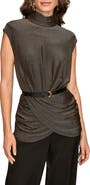 Donna Karan New York Ruched Metallic Belted Mock Neck Top