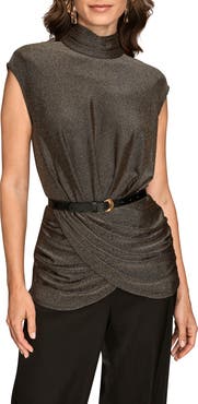 Donna Karan New York Ruched Metallic Belted Mock Neck Top