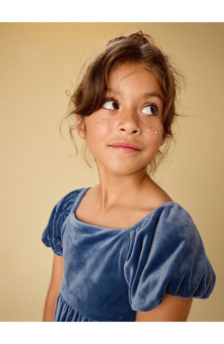 Tea Collection Puff Shoulder Velour Dress, Alternate, color, Naval Blue