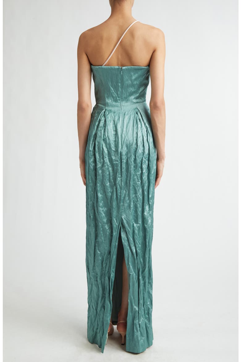Tulip Appliqué Strapless Crinkled Metallic Satin Evening Gown, Alternate, color, EAU DE NIL