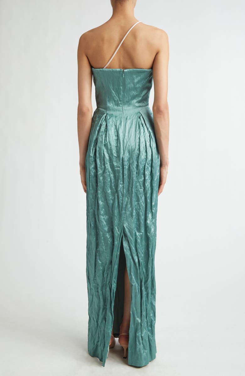 Erdem Tulip Appliqué Strapless Crinkled Metallic Satin Evening Gown, Alternate, color, Eau De Nil