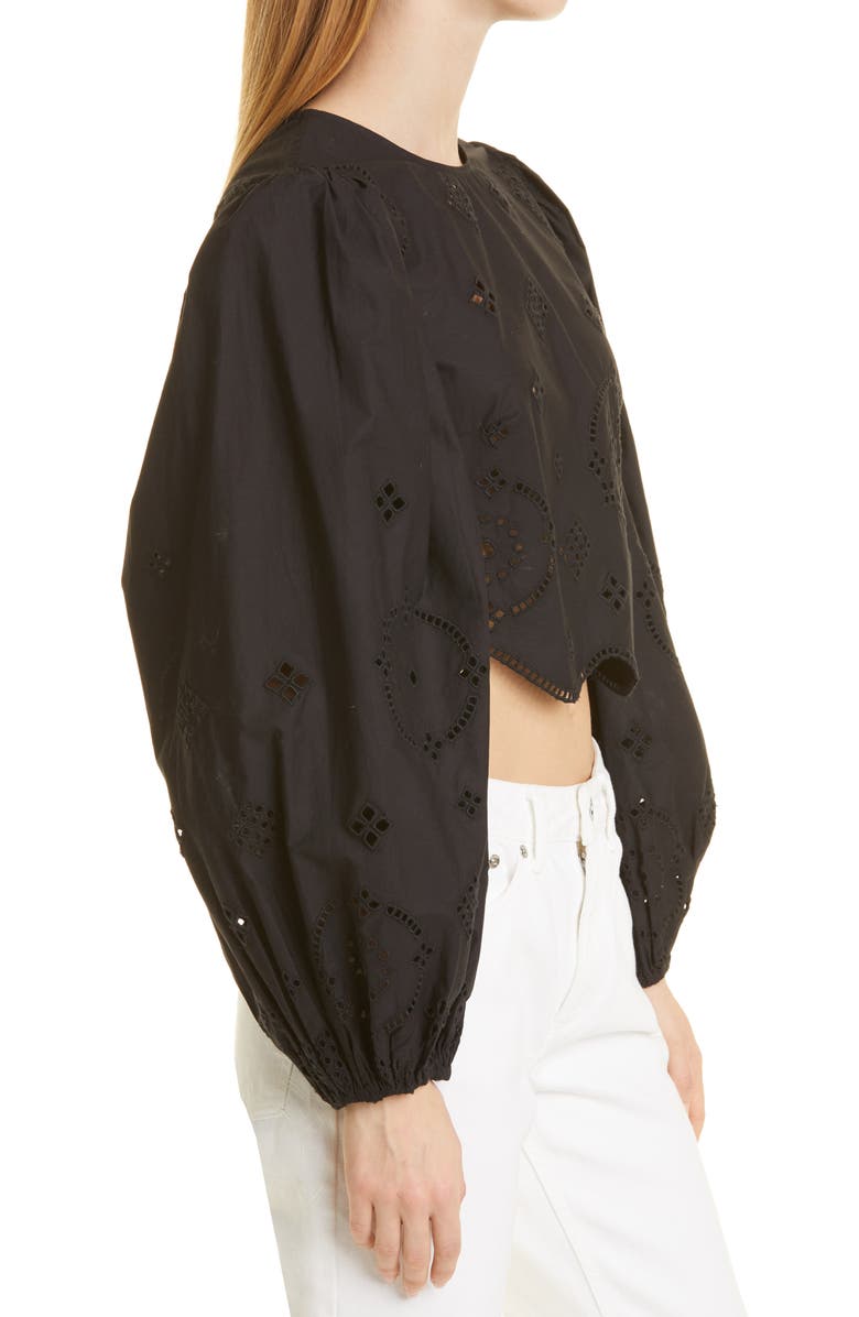 Ganni Broderie Anglaise Cropped Fitted Blouse, Alternate, color,