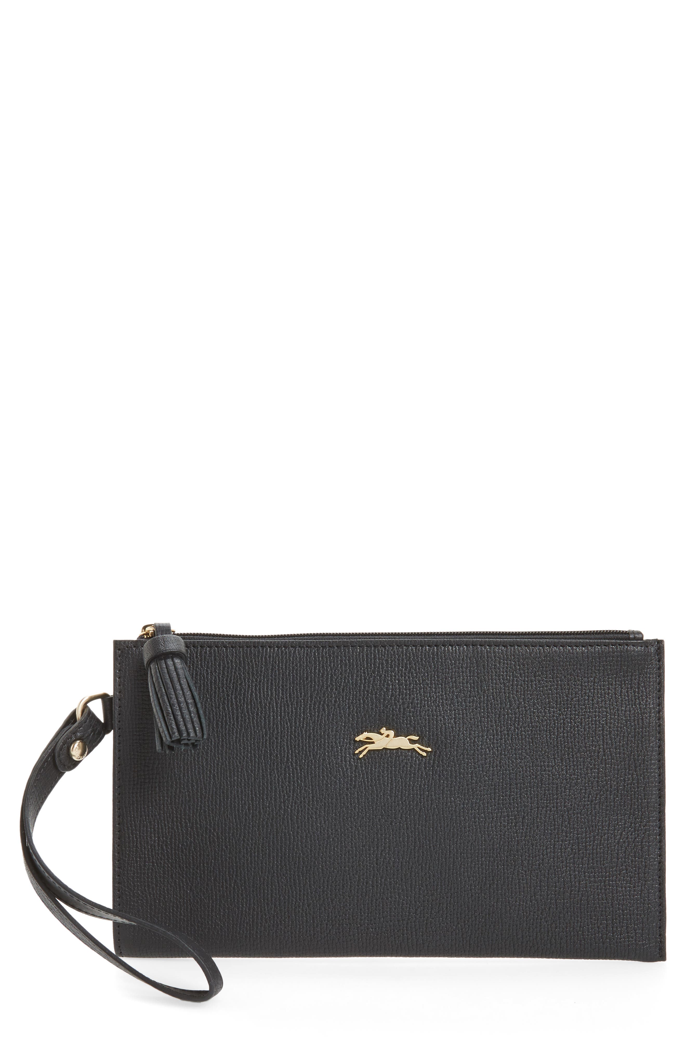 Longchamp Pénélope Textured Leather Clutch, Main, color, Black